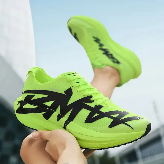 Lime running shoe with a carbon plate