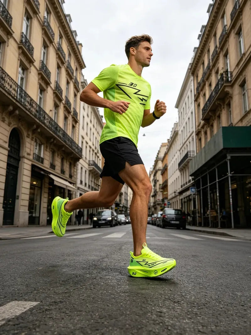 Runner on a city street in the PR 3.0 in Lime