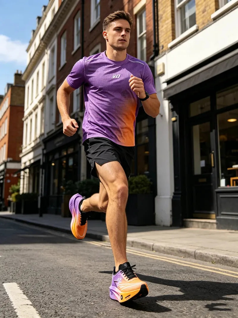 Runner on a city street in the PR 3.0 in Purple/Orange