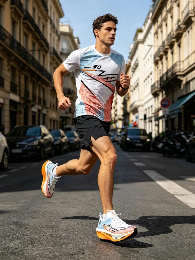 Runner on a city street in the PR 3.0 in Light Blue/Orange